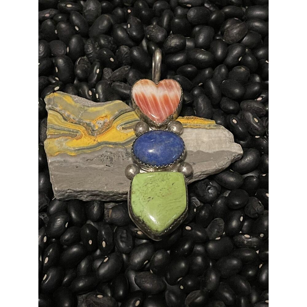 Native Sterling Silver DP Spiny Lapis & Gaspeite Heart Pendant Signed Dave Pino